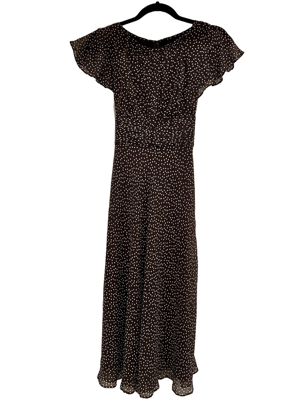 Vintage Y2K Coldwater Creek 100% Silk Brown Polka Dot Midi Dress Petite 6